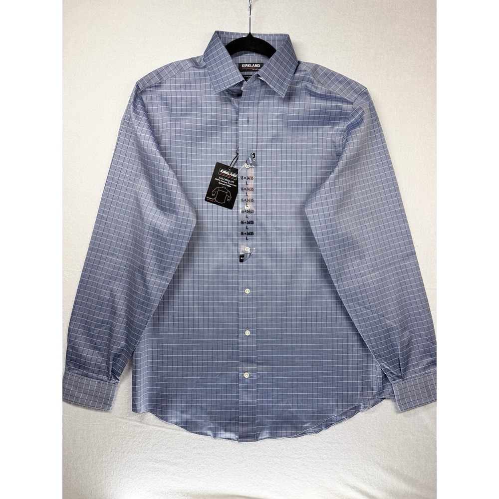 Kirkland Signature Men's Dress Shirt  Blue Plaid   Size 16 x‎ 34/35  Cotton